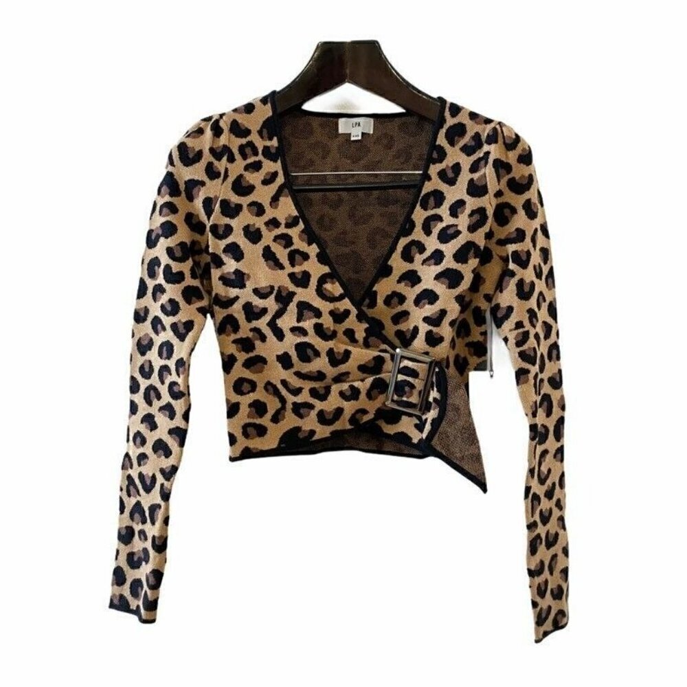 LPA Womens Adrienne Wrap Sweater Brown Leopard Print Buckle Long Sleeve XXS New